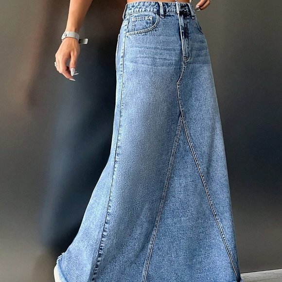 Blue Casual Womens High Waist Raw Hem Maxi Denim Skirt - Picture 4 of 5